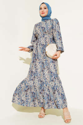 Etnik Desen Volanlı Elbise İndigo - Thumbnail