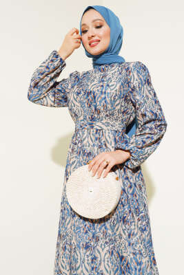 Etnik Desen Volanlı Elbise İndigo - Thumbnail
