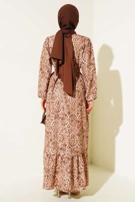 Etnik Desen Volanlı Elbise Camel - Thumbnail