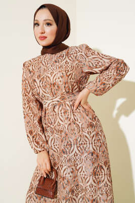 Etnik Desen Volanlı Elbise Camel - Thumbnail