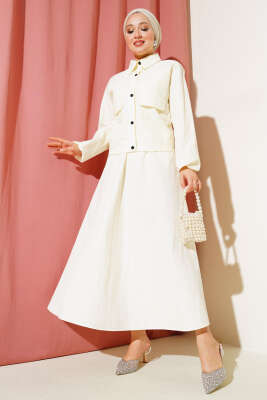 Pazarium - Çıtçıtlı Etekli Paraşüt İkili Takım Krem