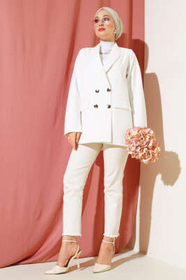 Dört Düğmeli Dabıl Ceket Beyaz - Thumbnail