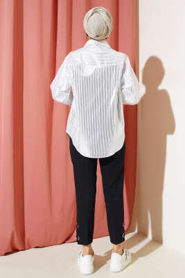 Çizgi Varaklı Gömlek Beyaz - Thumbnail
