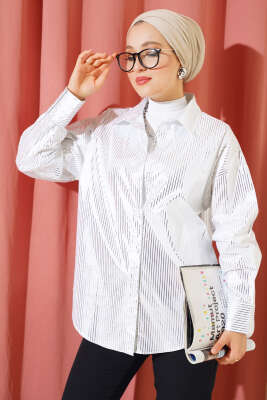 Çizgi Varaklı Gömlek Beyaz - Thumbnail