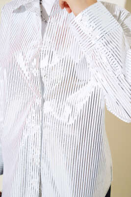 Çizgi Varaklı Gömlek Beyaz - Thumbnail