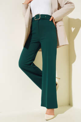Bol Paça Kemerli Salaş Pantolon Zümrüt - Thumbnail