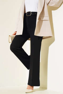 Bol Paça Kemerli Salaş Pantolon Siyah - Thumbnail