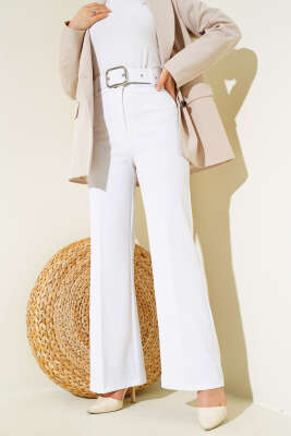 Bol Paça Kemerli Salaş Pantolon Beyaz - Thumbnail