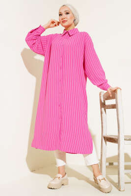 Pazarium - Yanı Yırtmaçlı Çizgili Uzun Gömlek Fuşya