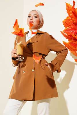 Pazarium - Bel Tünelli Kısa Trençkot Taba