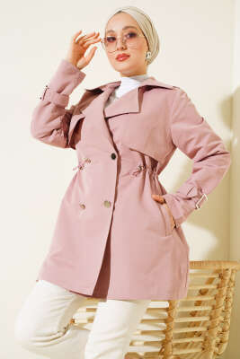 Pazarium - Bel Tünelli Kısa Trençkot Pudra
