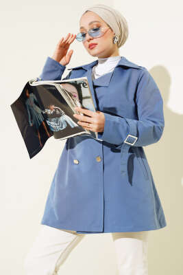 Pazarium - Bel Tünelli Kısa Trençkot İndigo