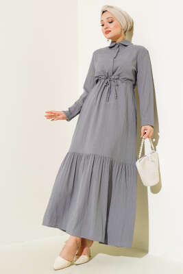 Pazarium - Gizli Yarım Düğmeli Elbise Gri