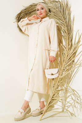 Pazarium - Yanı Yırtmaçlı Çizgili Uzun Gömlek Taş