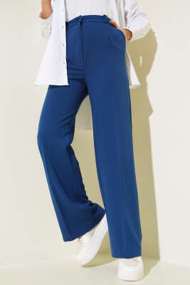 Tek Düğmeli Çift Pileli Pantolon İndigo - Thumbnail