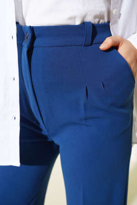 Tek Düğmeli Çift Pileli Pantolon İndigo - Thumbnail