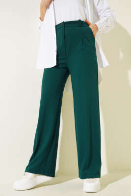 Tek Düğmeli Çift Pileli Pantolon Zümrüt - Thumbnail