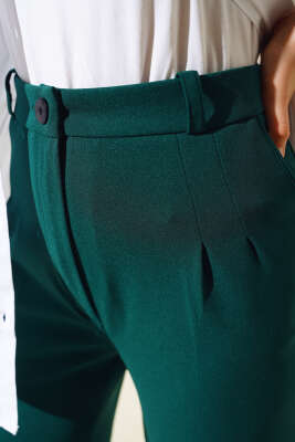 Tek Düğmeli Çift Pileli Pantolon Zümrüt - Thumbnail