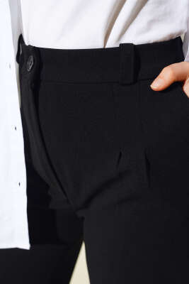 Tek Düğmeli Çift Pileli Pantolon Siyah - Thumbnail