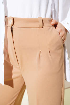 Tek Düğmeli Çift Pileli Pantolon Latte - Thumbnail