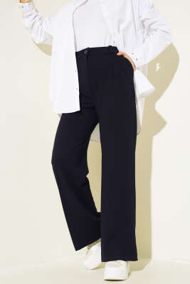 Tek Düğmeli Çift Pileli Pantolon Lacivert - Thumbnail