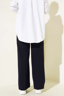 Tek Düğmeli Çift Pileli Pantolon Lacivert - Thumbnail