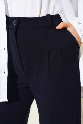 Tek Düğmeli Çift Pileli Pantolon Lacivert - Thumbnail