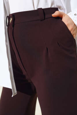 Tek Düğmeli Çift Pileli Pantolon Kahve - Thumbnail