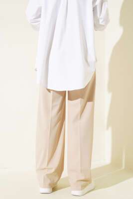 Tek Düğmeli Çift Pileli Pantolon Bej - Thumbnail