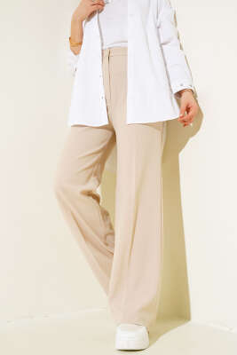 Tek Düğmeli Çift Pileli Pantolon Bej - Thumbnail