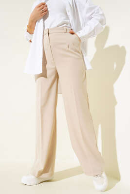 Tek Düğmeli Çift Pileli Pantolon Bej - Thumbnail