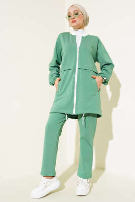 Yaka Ribanalı Fermuarlı İkili Takım Çağla Yeşili - Thumbnail