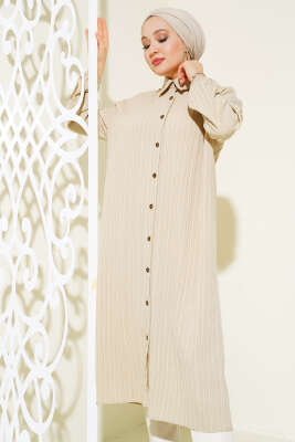 Pazarium - Önü Tahta Düğmeli Uzun Gömlek Taş