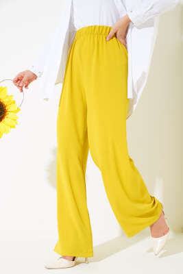 Pazarium - Geniş Paça Beli Lastikli Pantolon Hardal
