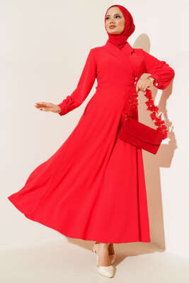 Kruvaze Yaka Düğmeli Elbise Kırmızı - Thumbnail