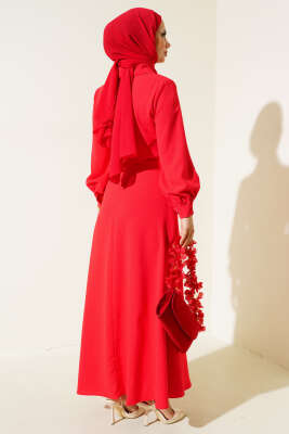 Kruvaze Yaka Düğmeli Elbise Kırmızı - Thumbnail