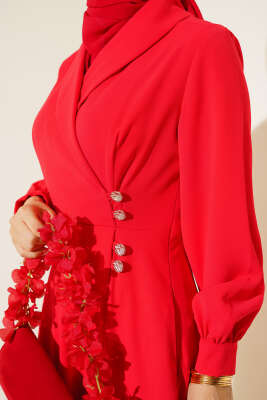 Kruvaze Yaka Düğmeli Elbise Kırmızı - Thumbnail