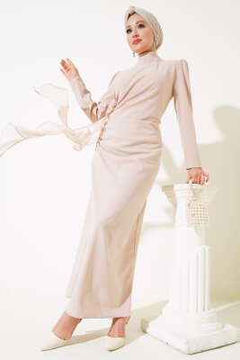 Gül Detaylı Elbise Bej - Thumbnail