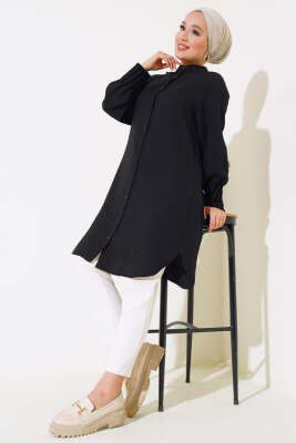 Bileği Nervürlü Uzun Gömlek Siyah - Thumbnail