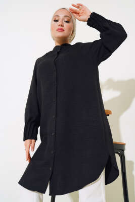 Bileği Nervürlü Uzun Gömlek Siyah - Thumbnail