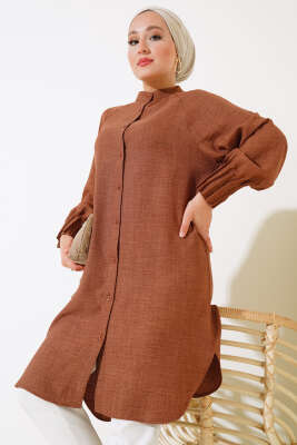 Bileği Nervürlü Uzun Gömlek Kahve - Thumbnail