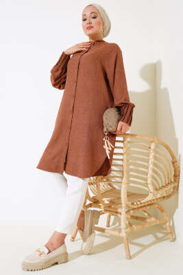 Bileği Nervürlü Uzun Gömlek Kahve - Thumbnail