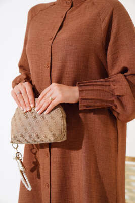 Bileği Nervürlü Uzun Gömlek Kahve - Thumbnail