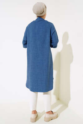 Bileği Nervürlü Uzun Gömlek İndigo - Thumbnail