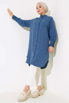 Bileği Nervürlü Uzun Gömlek İndigo - Thumbnail