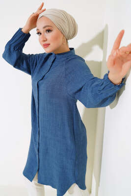Bileği Nervürlü Uzun Gömlek İndigo - Thumbnail