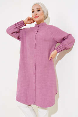 Bileği Nervürlü Uzun Gömlek Gül Kurusu - Thumbnail