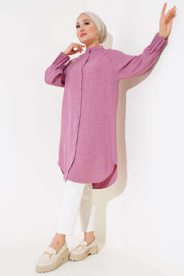 Bileği Nervürlü Uzun Gömlek Gül Kurusu - Thumbnail