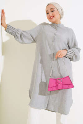 Bileği Nervürlü Uzun Gömlek Gri - Thumbnail