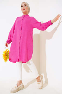 Bileği Nervürlü Uzun Gömlek Fuşya - Thumbnail